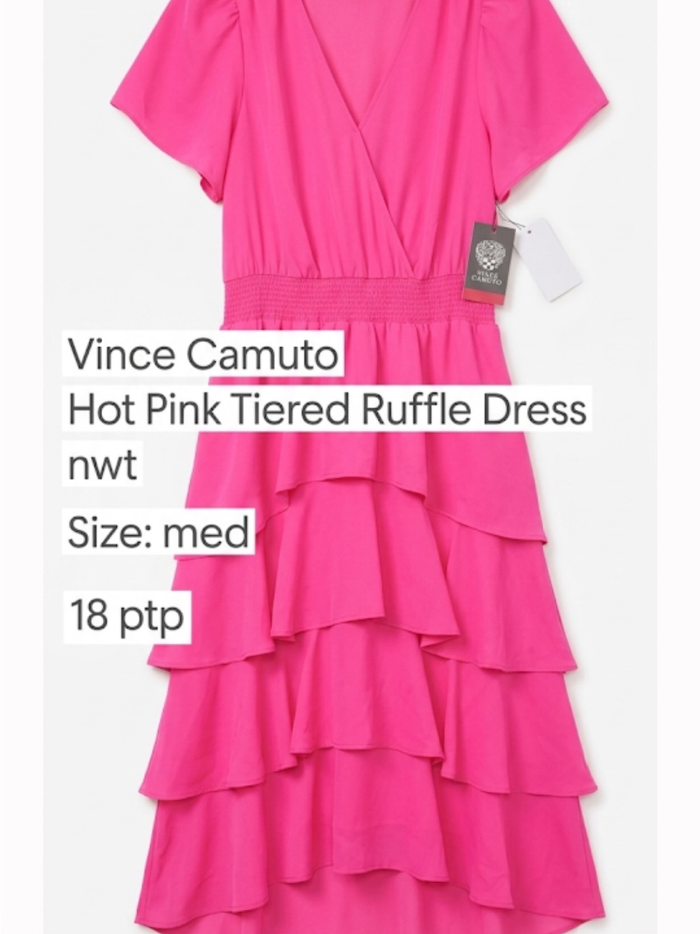 Vince Camuto Hot Pink Tiered Ruffle Dress nwt med 18 ptp
